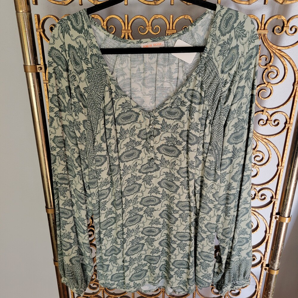 Knox Rose Green Floral Blouse Long Sleeve